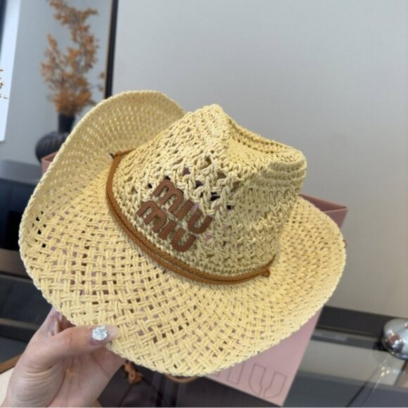 Miu Miu Straw Hat Woven Raffia Summer Beach Sun Hat Designer Chic - Picture 2 of 9